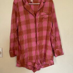 Victoria Secret Medium Plaid Long Sleeved Romper Pajama